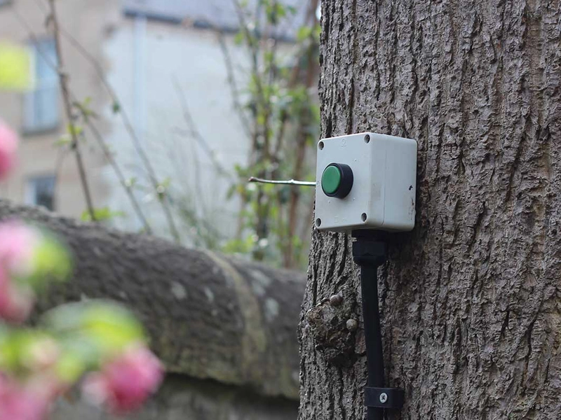 Push To Exit Button For An Electric Gate Mounted Discretely Behind A Tree